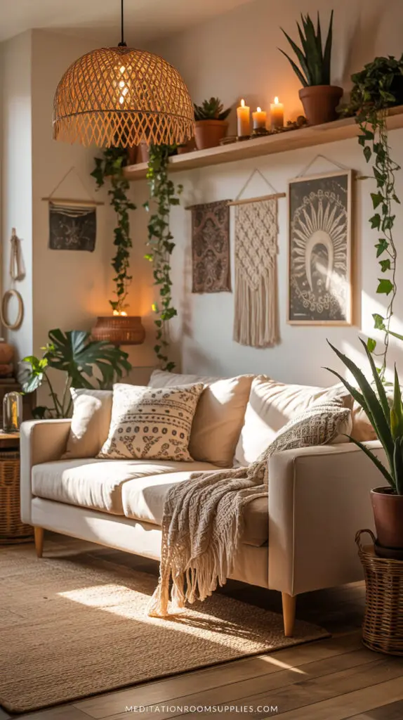 cozy boho living room with sofa and boho wall art