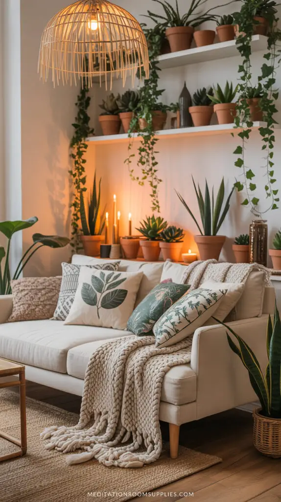 earthy boho living room with plants