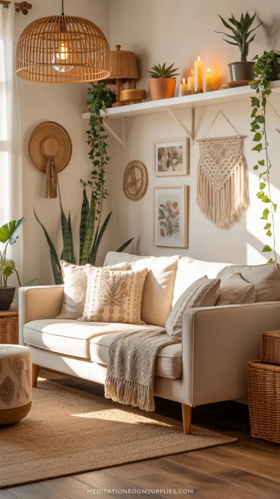 cozy boho living room with macrame wall art and sofa with throw blanket