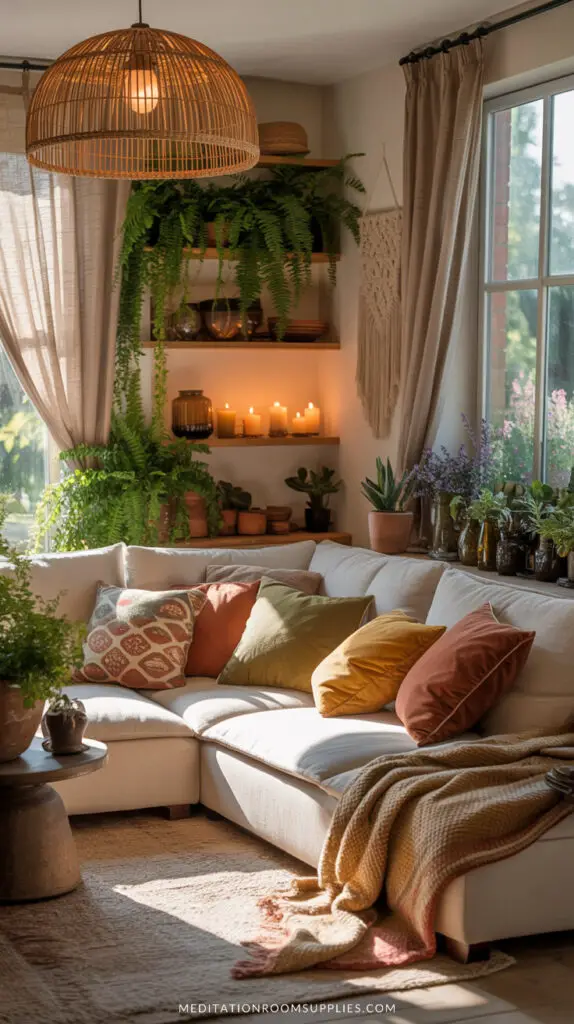 earthy boho living room with plants and sofa with throw pillows