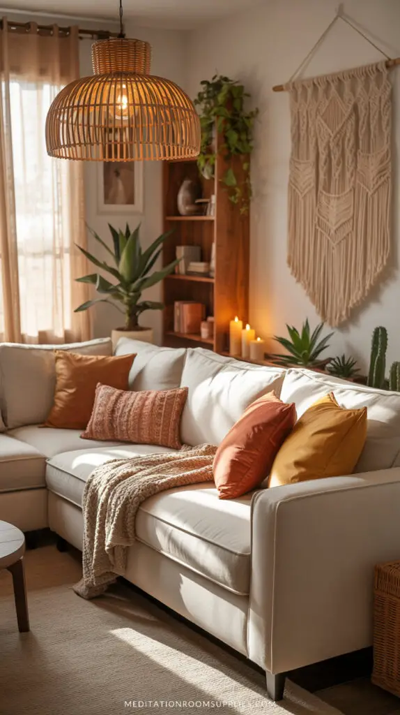 bohemian living room with macrame wall art