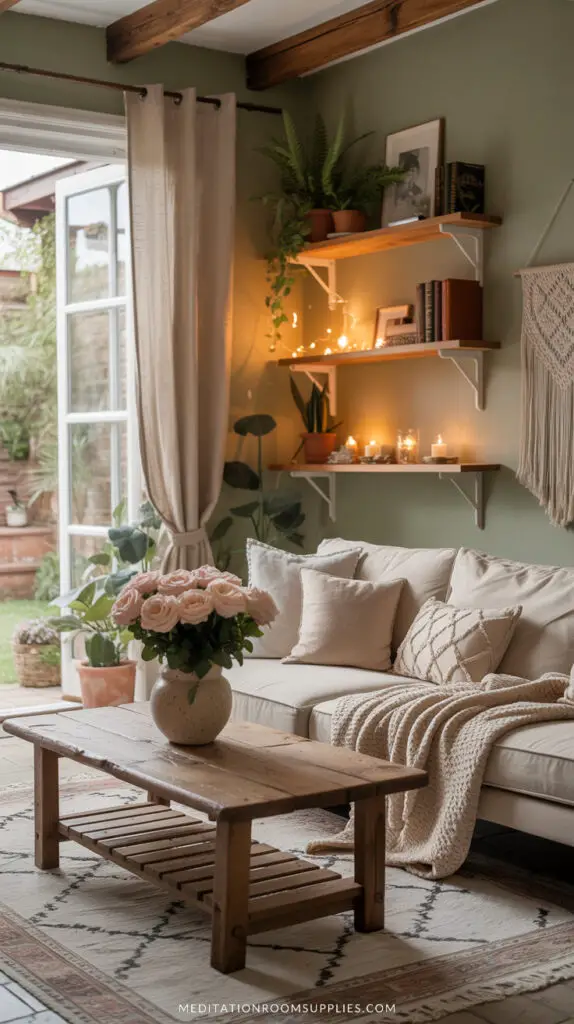 cozy boho living room with green walls and cream sofa