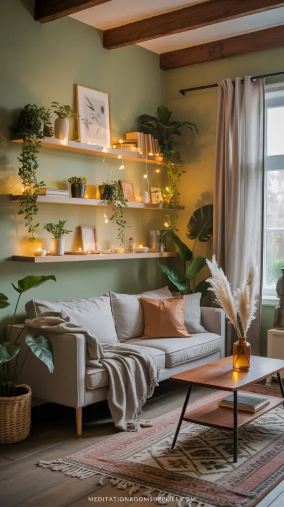 green boho living room with wooden beams and floating shelves