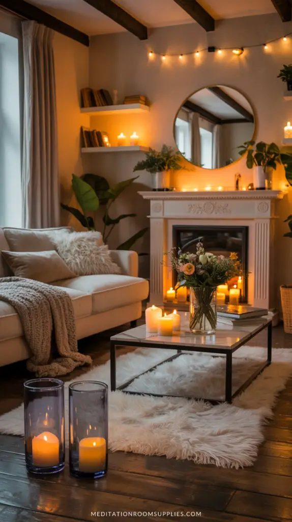 elegant boho living room with candles and chimney