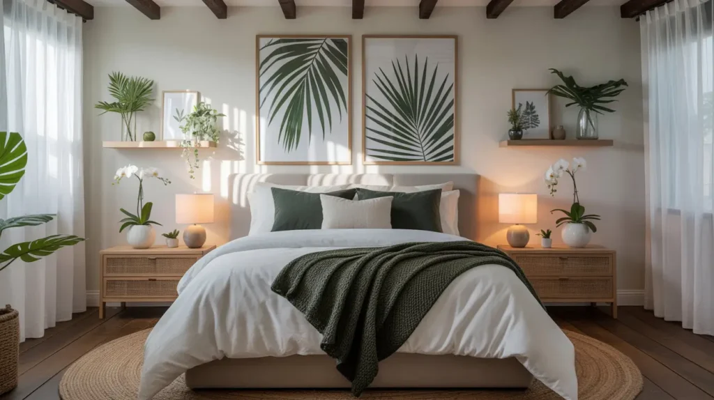green and white bedroom with shelves with plants