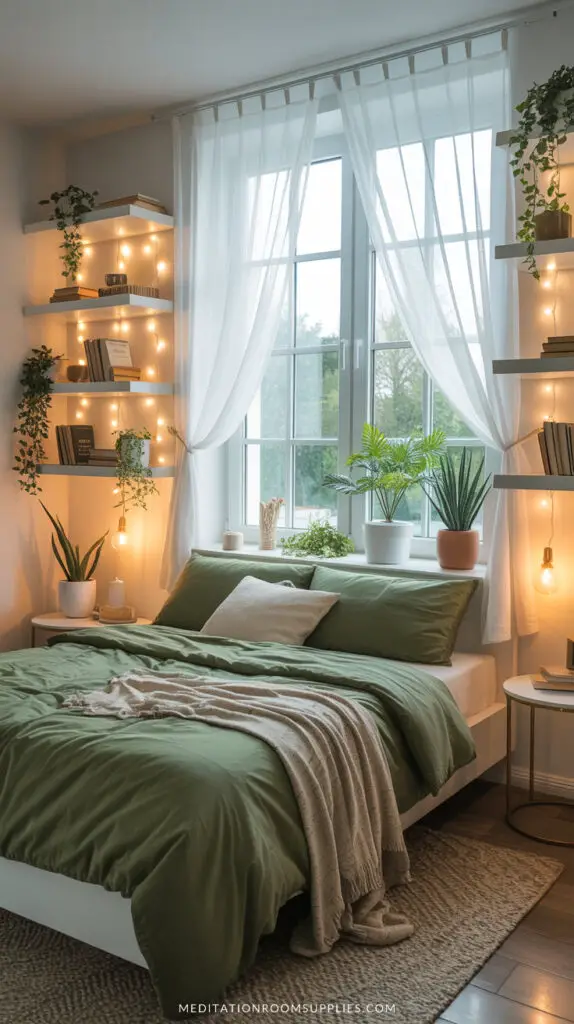 white and green bedroom with floating shelves that are holding plants and fairy lights