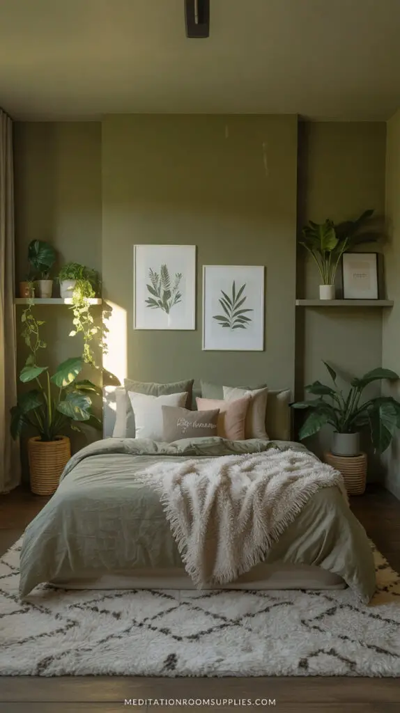 green earthy bedroom with green wall and plants