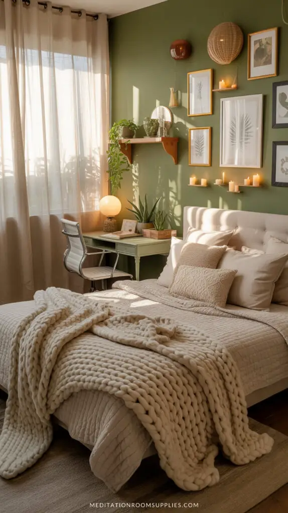 green wall with cream bedspread bedroom, desk with chair