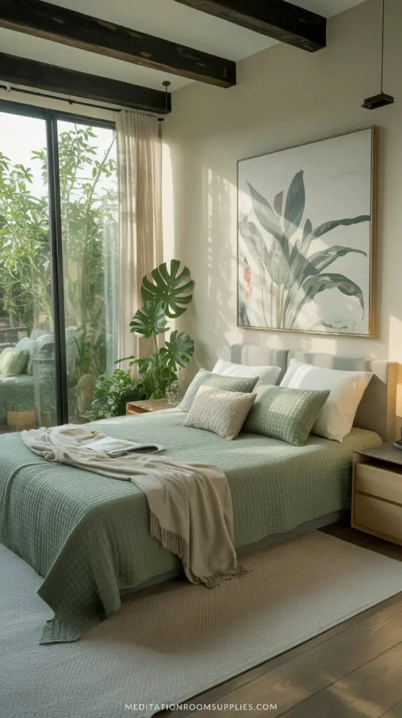minimalist japandi bedroom with green bedspread