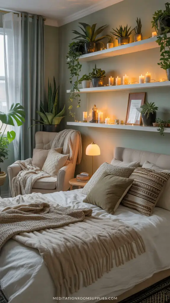 cozy green bedroom with shelves holding candles and plants