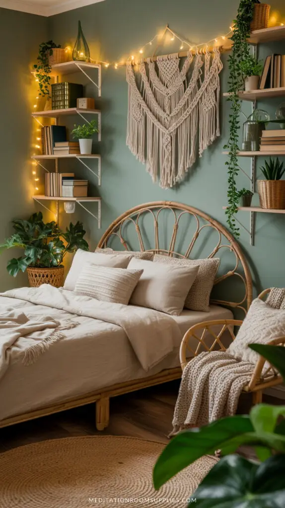 green and white bedroom with boho decor