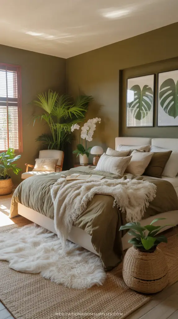 elegant olive green bedroom with chair and white rug
