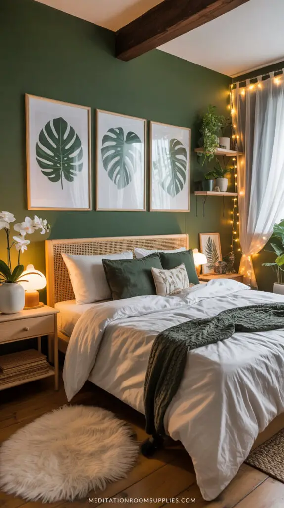 chic green bedroom with tropical prints