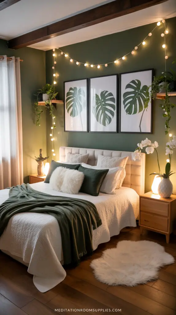 modern green bedroom with monstera wall prints and fairy lights