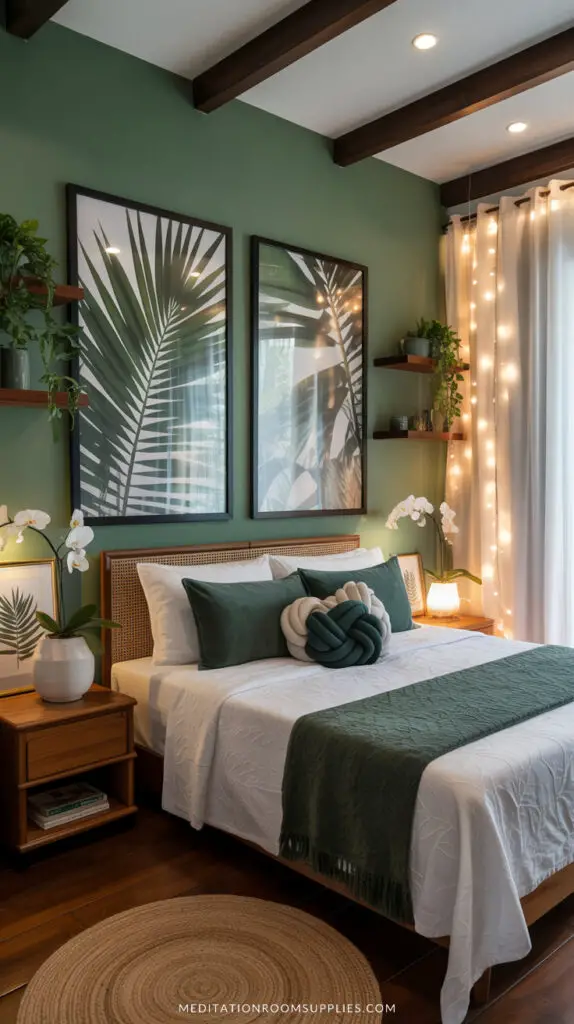 dreamy green and white bedroom with fairy lights, wooden beams