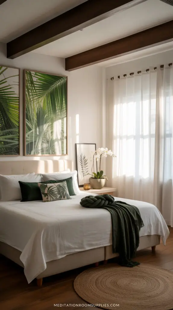 white and green bedroom with botanical prints