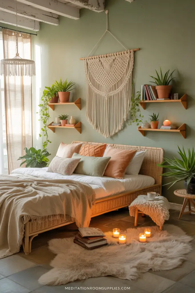 soft green bedroom with boho decor, macrame wall art