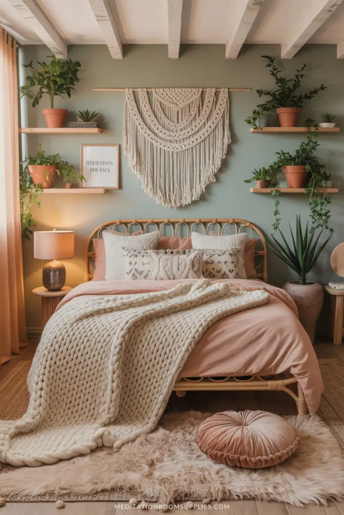green theme bedroom with wooden beams
