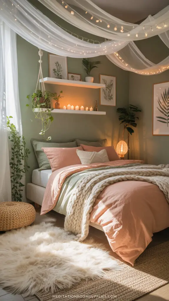 light and airy sage green bedroom with canopy, peach and green beadspread