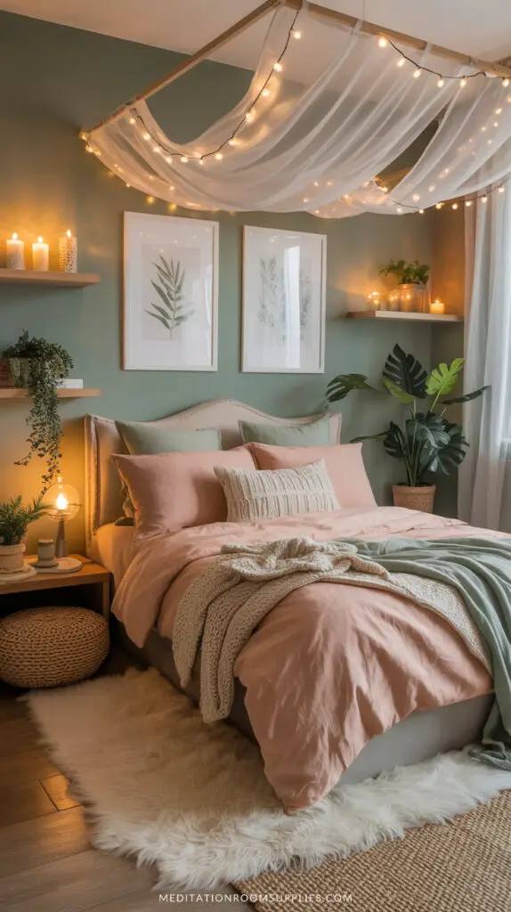 sage green bedroom with peach and green bedspread canopy with fairy lights