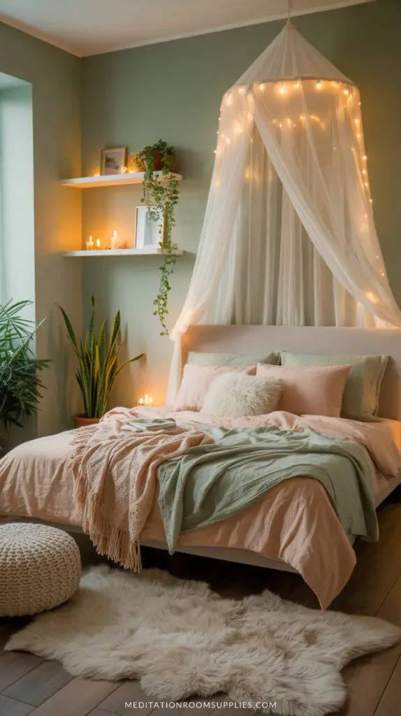 serene green bedroom with canopy and peach and green bedspread