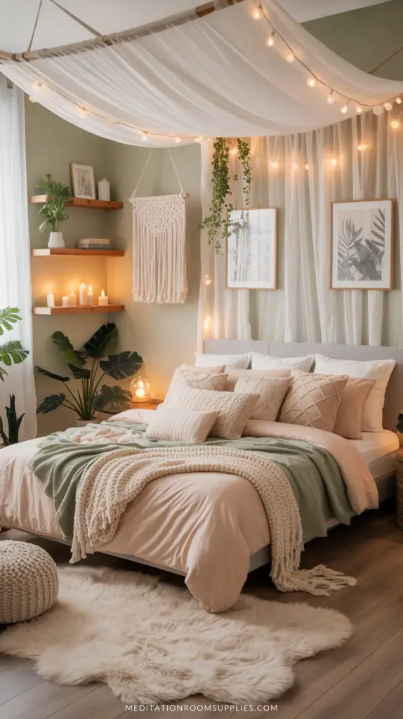 pastel green bedroom with canopy that has fairy lights