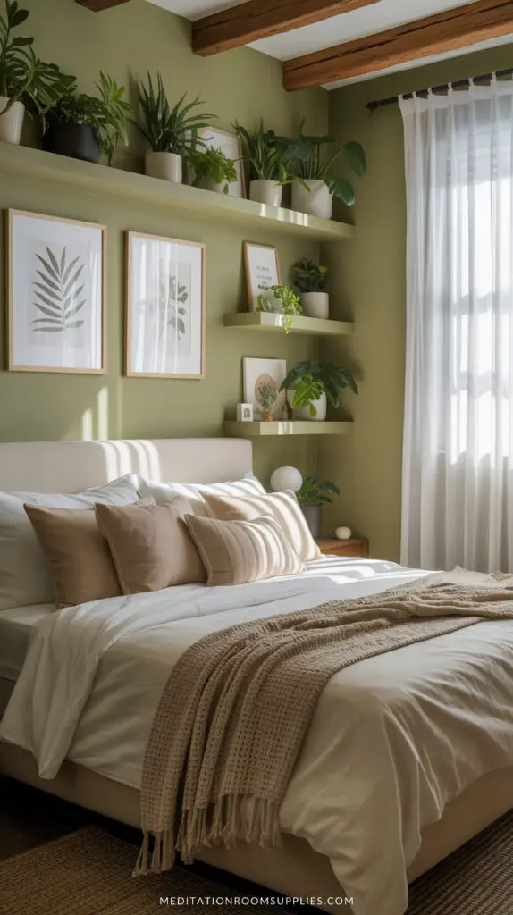 bright light green bedroom with botanical wall print and plants on shelves