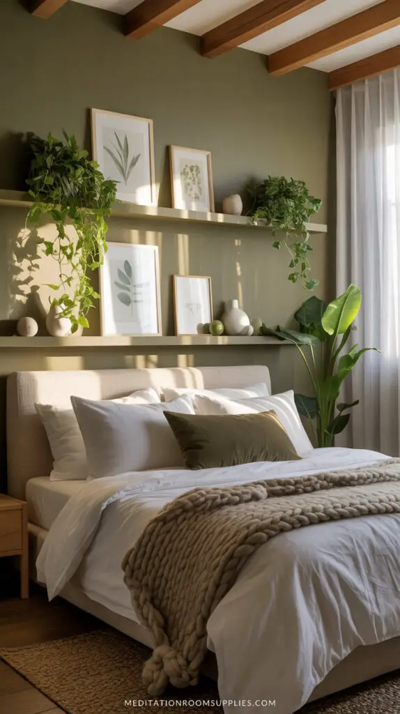 earthy green bedroom with floating shelves with plants