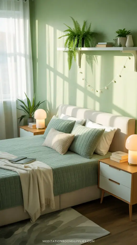 mint green bedroom with plants and bed with throw blanket