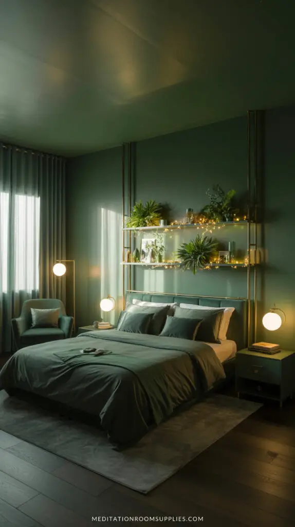moody green bedroom with chair and plants