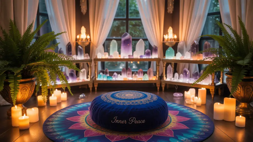beautiful spiritual room with meditation cushion on top of mandala rug, crystal altar and lit candles