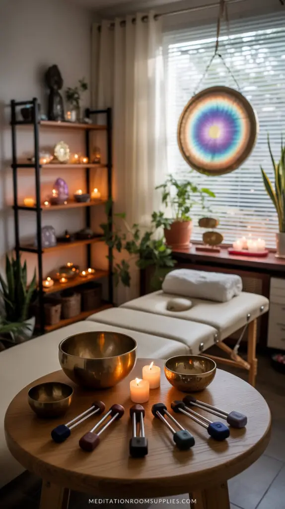 reiki room with tuning forks, singing bowls, candles on table, massage table and crystals on shelf
