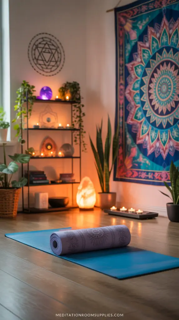yoga corner with mandala tapestry, sacred geometry wall art