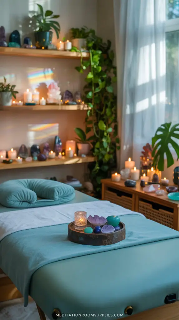 massage room with crystals on shelves, teal massage table with crystal on top