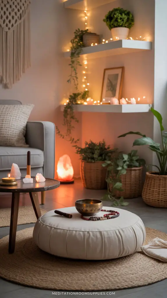 healing space in living room with meditation cushion with singing bowl on top, himalayan salt lamp