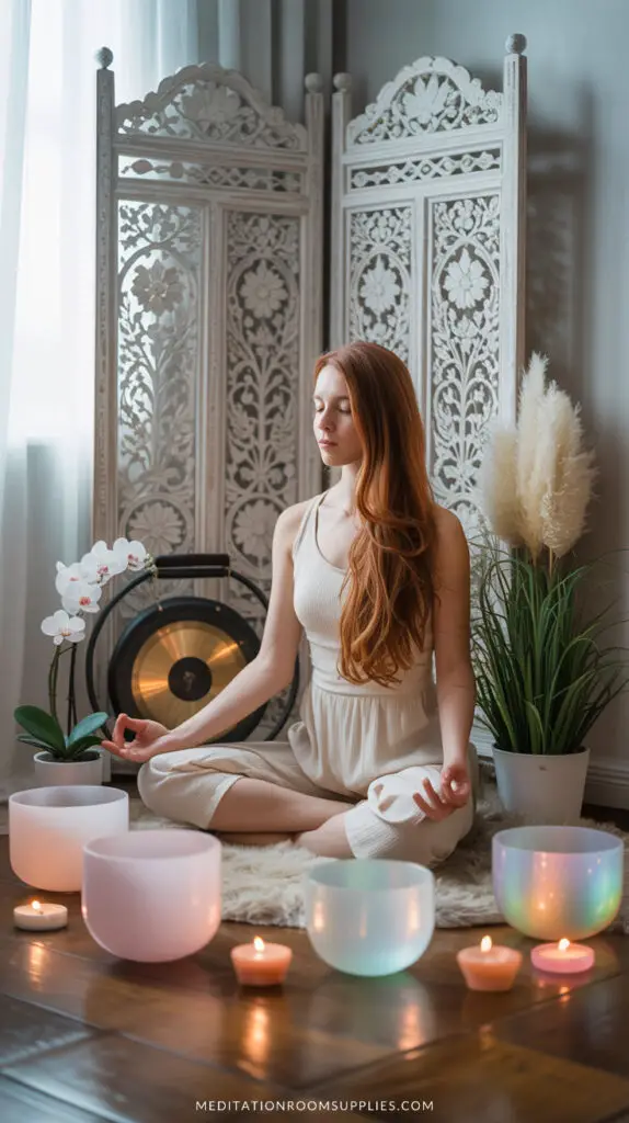 sound healing room with woman meditating in center of quartz singing bowls, gong and candles