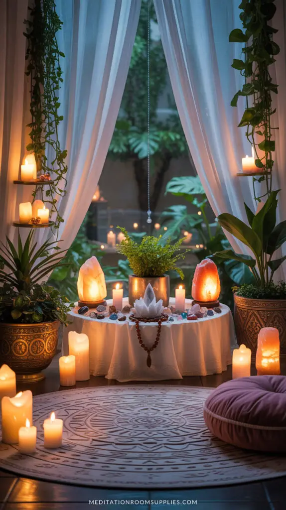 spiritual room with altar that has crystal, himalayan salt lamp, lit candles on the floor with meditation cushion with mandala rug