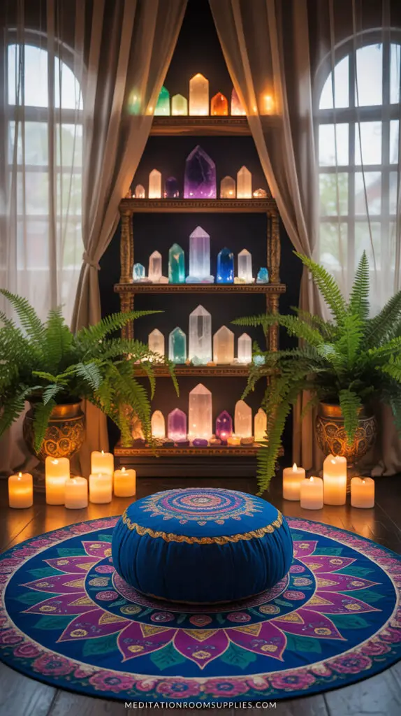 spiritual room with round meditation cushion on top of mandala rug, in front shelf with multiple crystals and candles on the floor