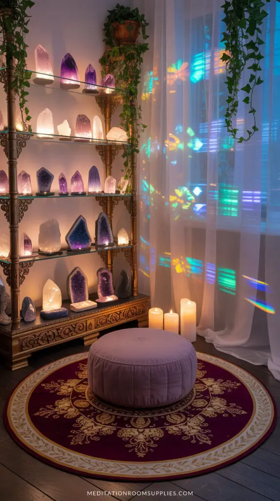spiritual room with shelves with crystals, round purple meditation cushion on top of mandala rug
