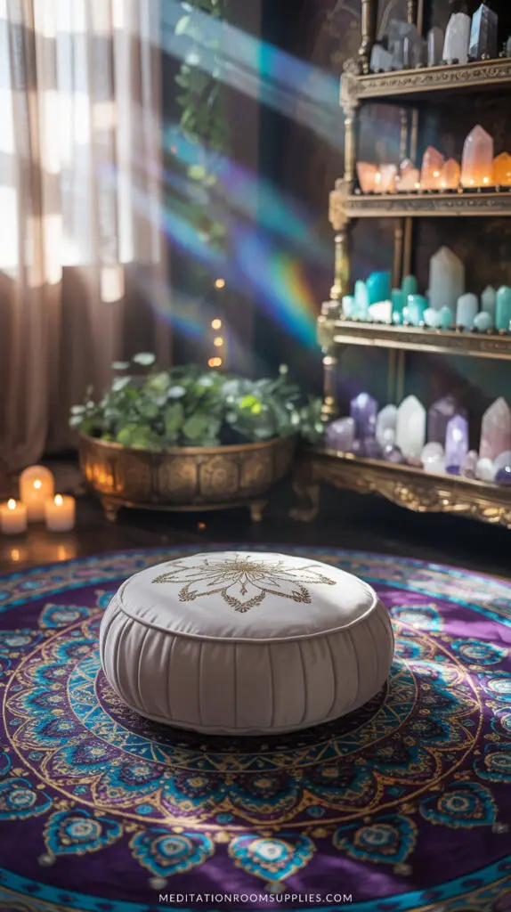 spiritual room with crystals on antique shelves, mandala rug with meditation cushion on top