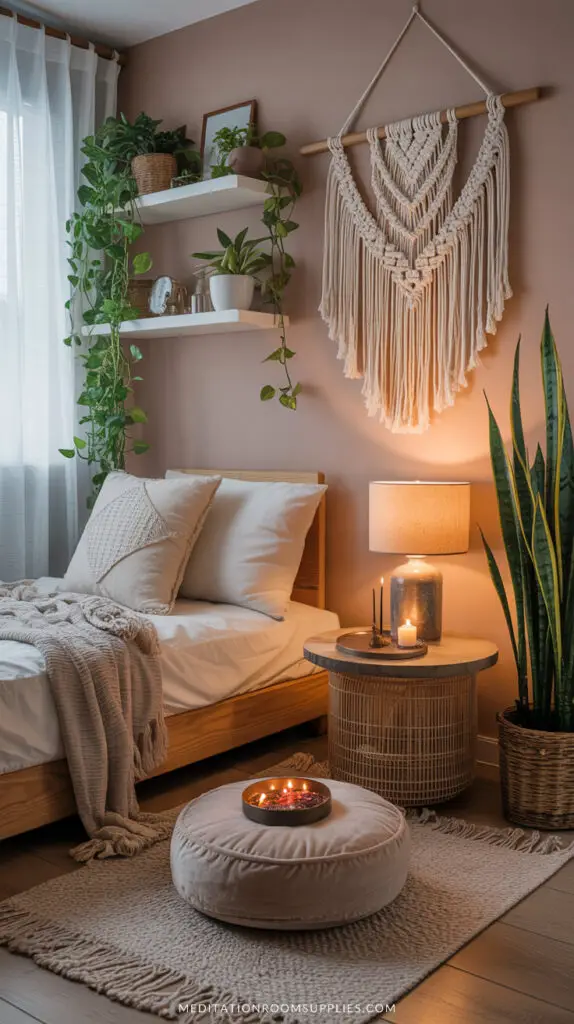 meditation corner in bedroom with round meditation cushion