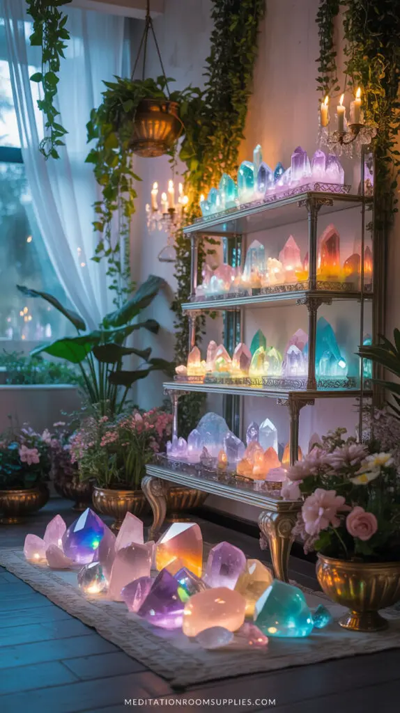 spiritual room with crystals on antique shelves, plants and flower on pots