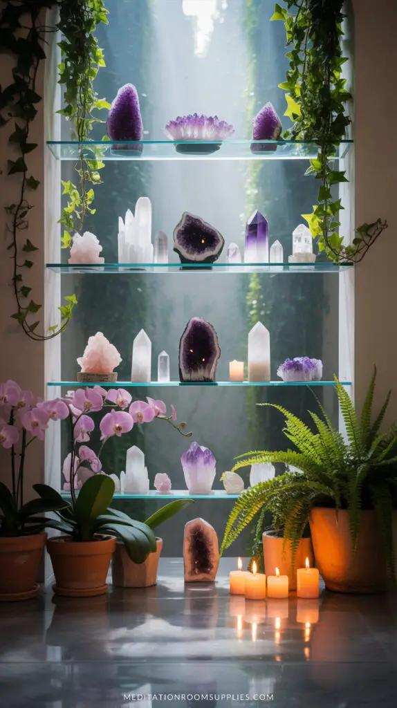 healing room with glass shelves with crystals facing large window, plans and candles