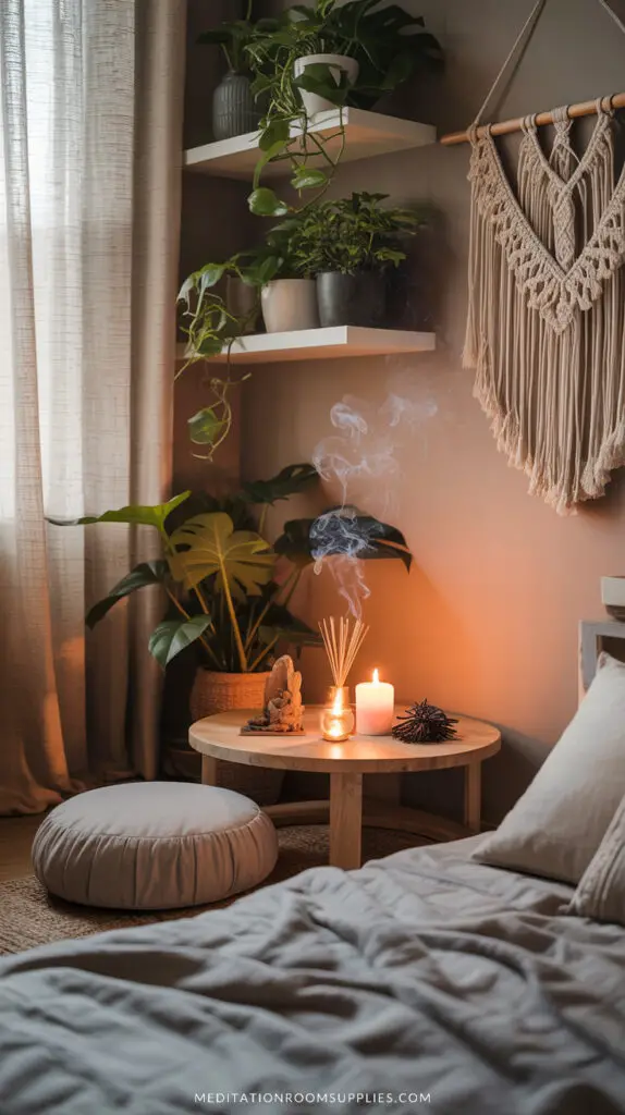 spiritual corner in bedroom with boho decor, small meditation table with candle and round meditation pillow