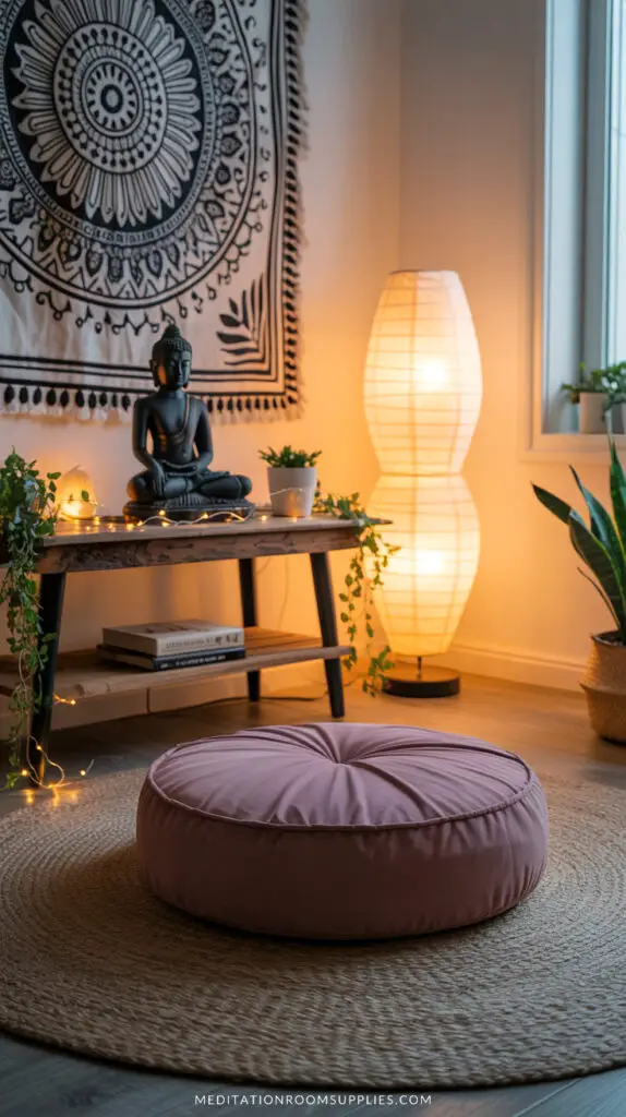 meditation room with buddha on altar, mandala tapestry on wall