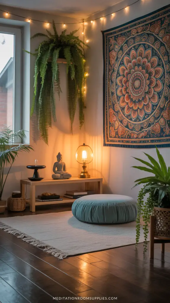 zen room with buddha statue on altar, mandala tapestry on wall