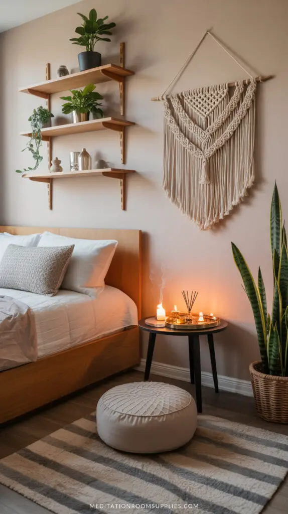 meditation corner in bedroom with candles on meditation table, round meditation cushion