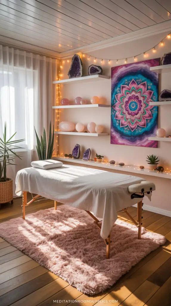 healing room with crystals on shelves, mandala tapestry, fairy lights