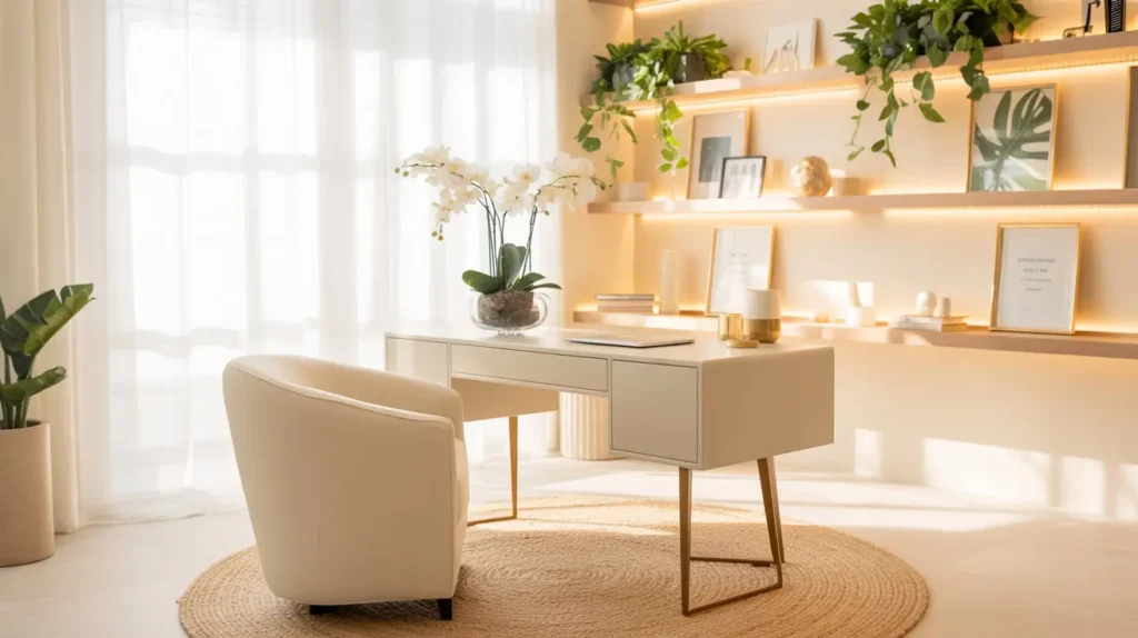 a work from home set up with white desk, floating shelves with plants