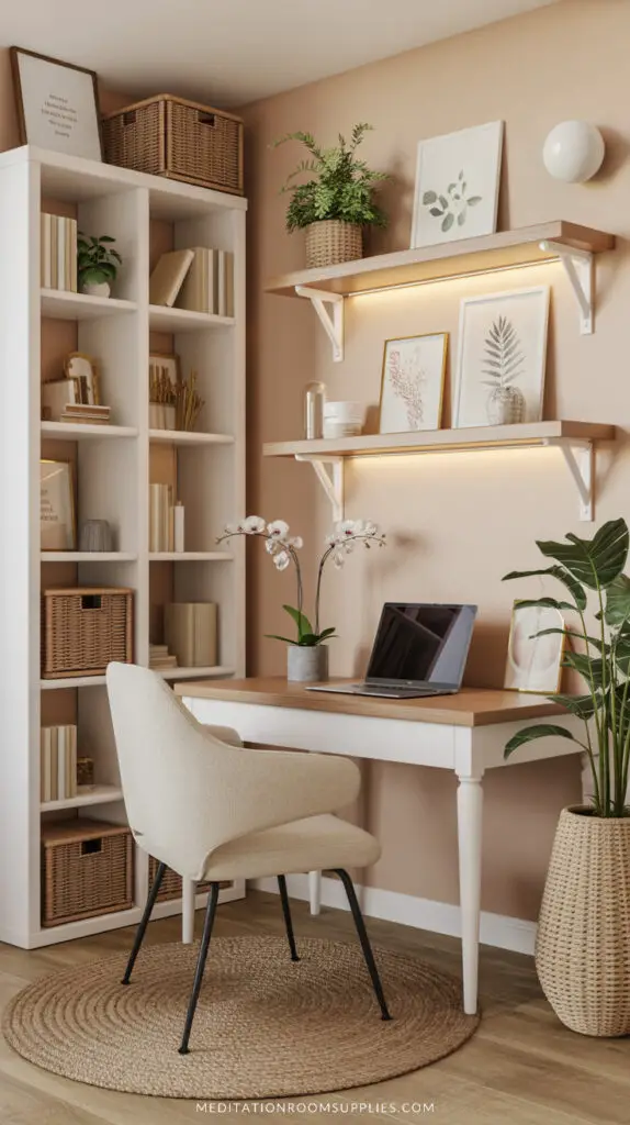 practical work from home set up with shelves , floating shelves